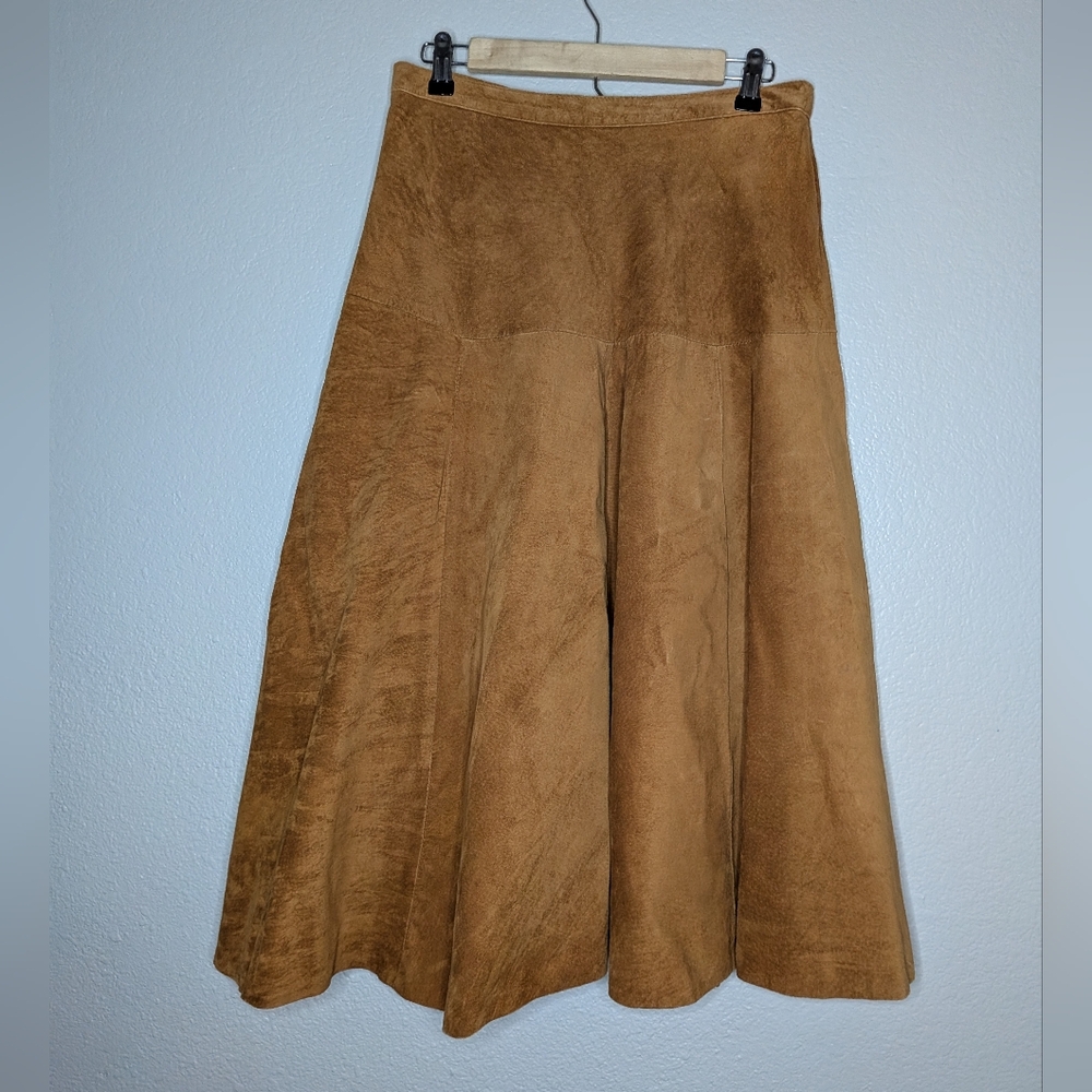 Design Assets Womens Tan Western Boho Tiered Suade Leather Midi A-Line Skirt 14